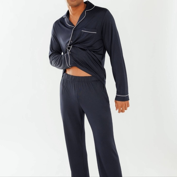 Men's Navy Modal Button Up Long Pyjama Set - Picture 1 of 4